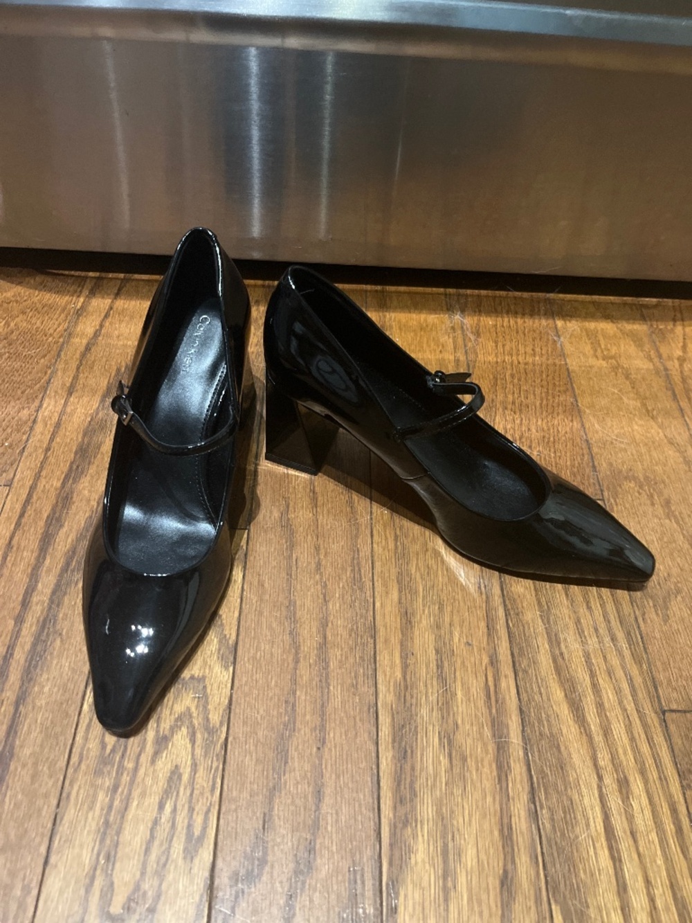 Calvin Klein Patent Leather Style Pointed Toe Pump with Strap, size 7-1/2